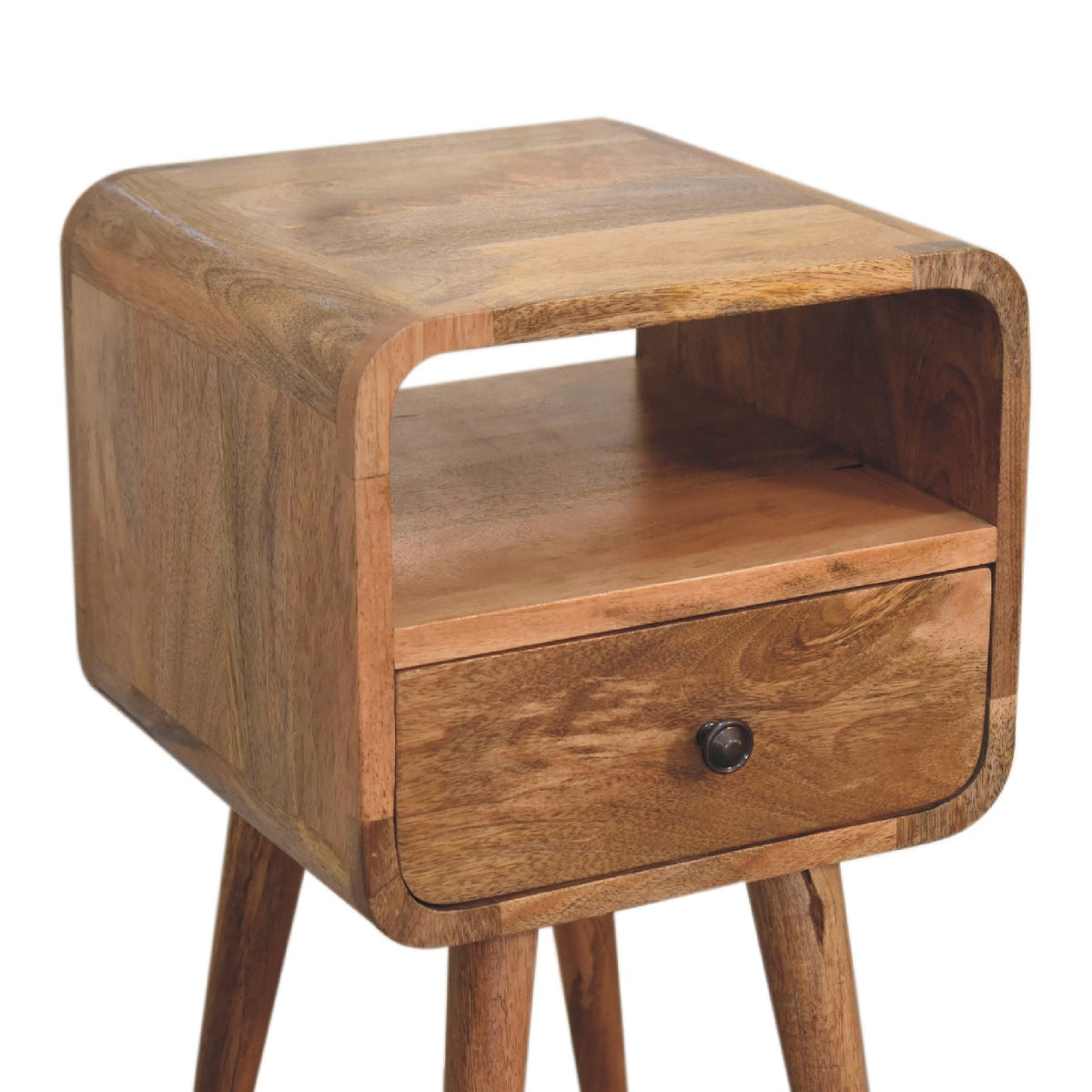 Small Oak Wood Curved Open Shelf Nightstand