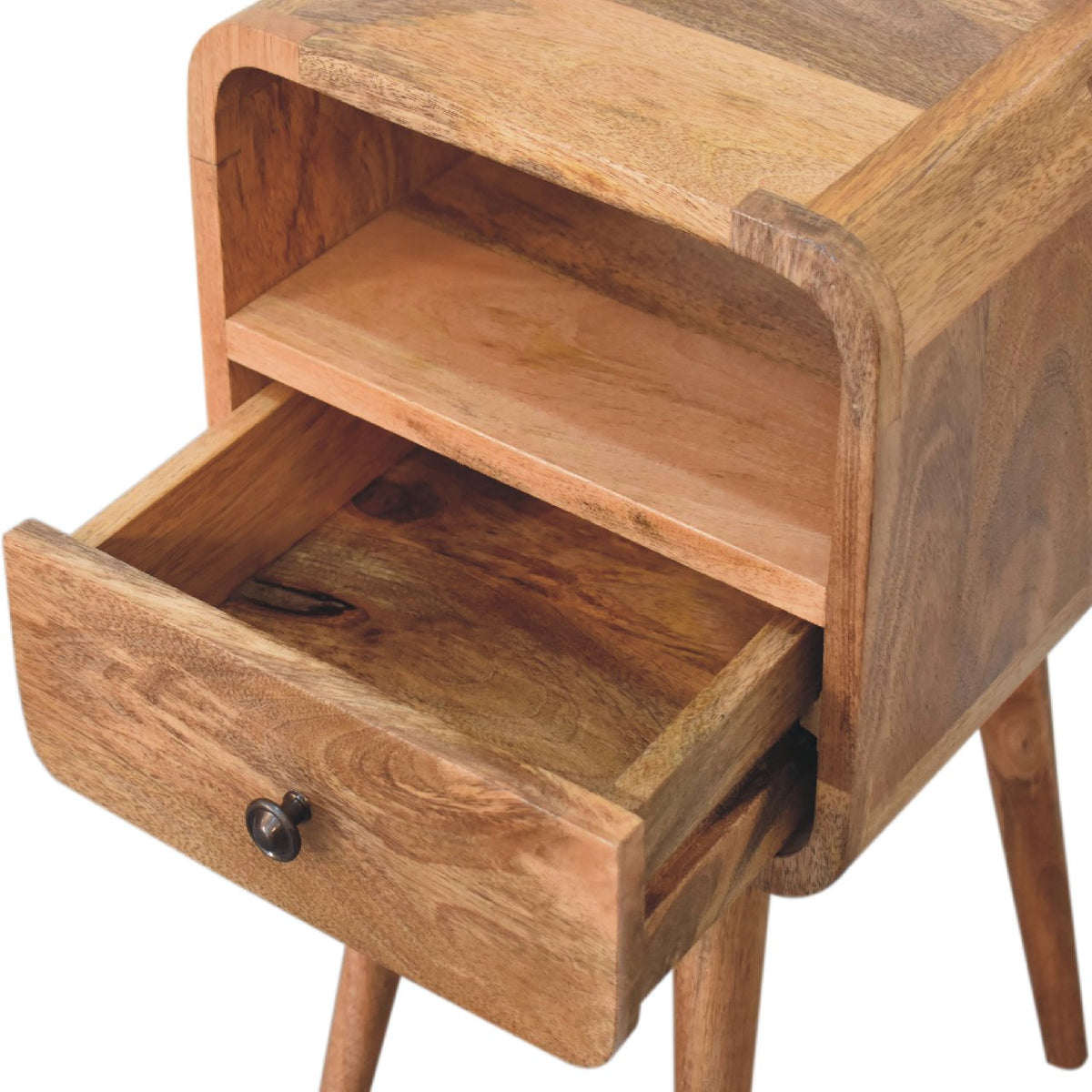 Small Oak Wood Curved Open Shelf Nightstand