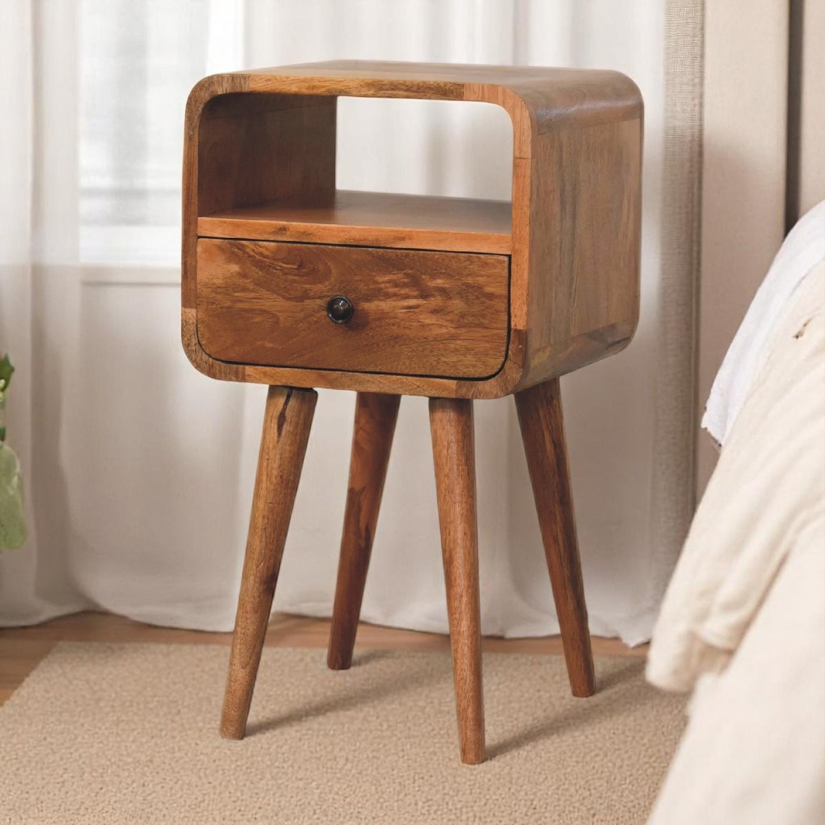 Small Oak Wood Curved Open Shelf Nightstand