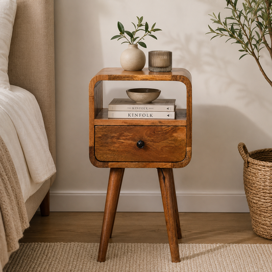 Small Oak Wood Curved Open Shelf Nightstand