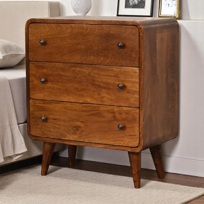 Small Chestnut Wood Curved 3 Drawer Chest