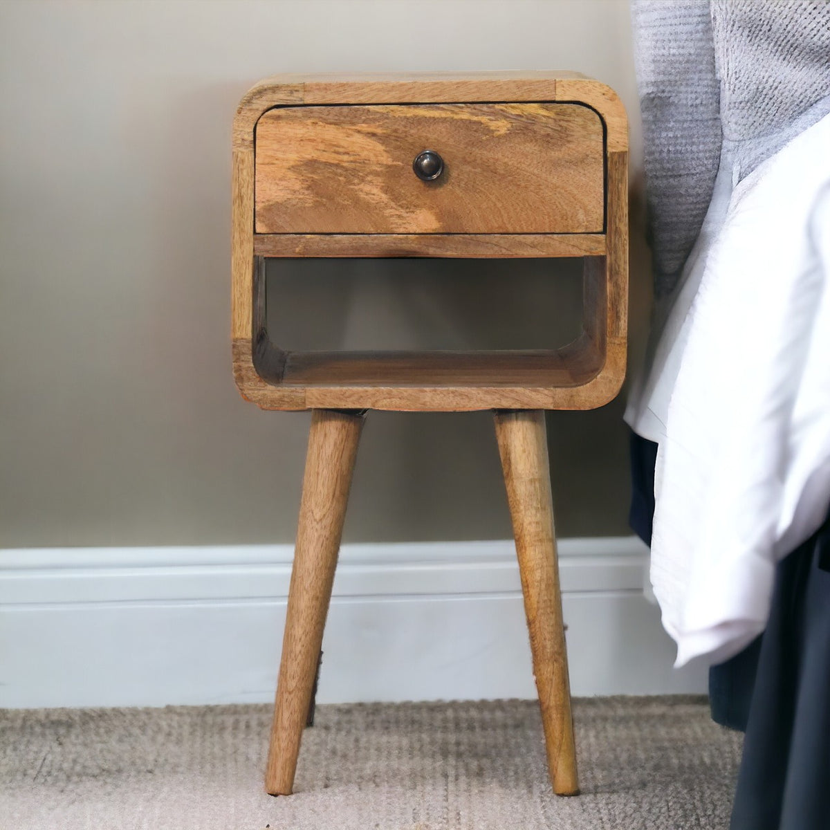 Small Oak Wood Curved Low Shelf Nightstand