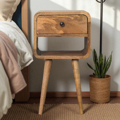 Small Oak Wood Curved Low Shelf Nightstand