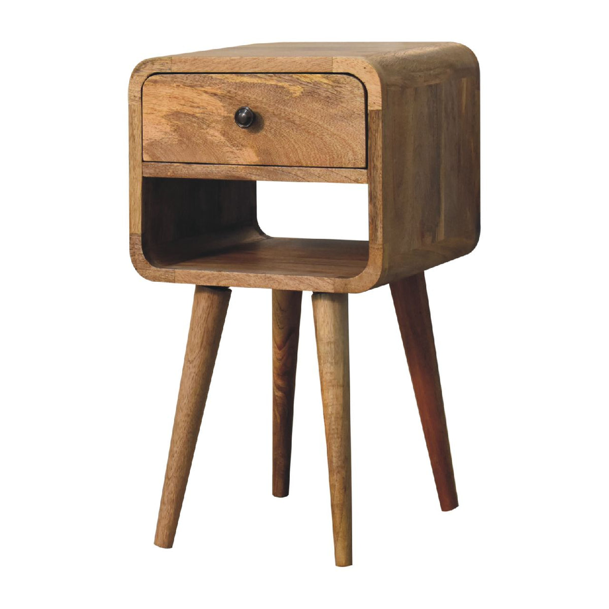 Small Oak Wood Curved Low Shelf Nightstand