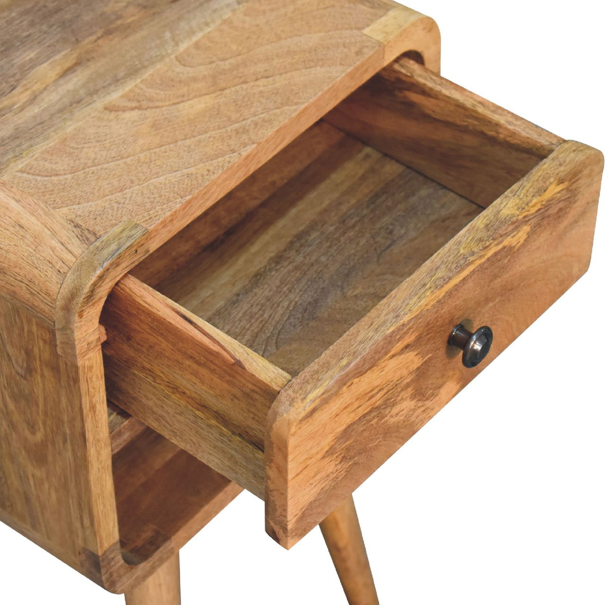 Small Oak Wood Curved Low Shelf Nightstand