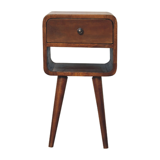 Small Chestnut Curved Nightstand with Low Shelf