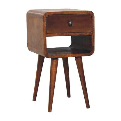 Small Chestnut Curved Nightstand with Low Shelf
