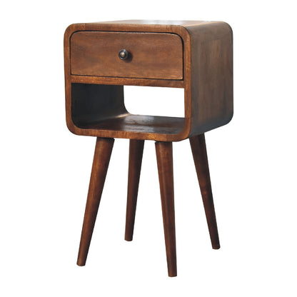 Small Chestnut Curved Nightstand with Low Shelf