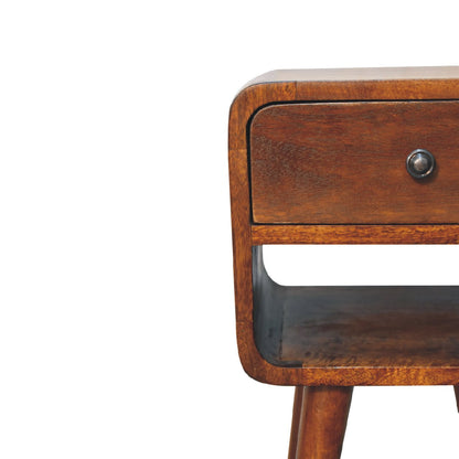 Small Chestnut Curved Nightstand with Low Shelf
