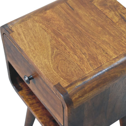 Small Chestnut Curved Nightstand with Low Shelf