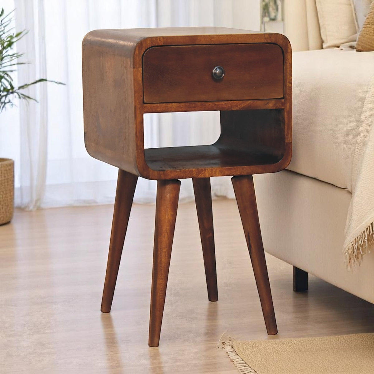 Small Chestnut Curved Nightstand with Low Shelf