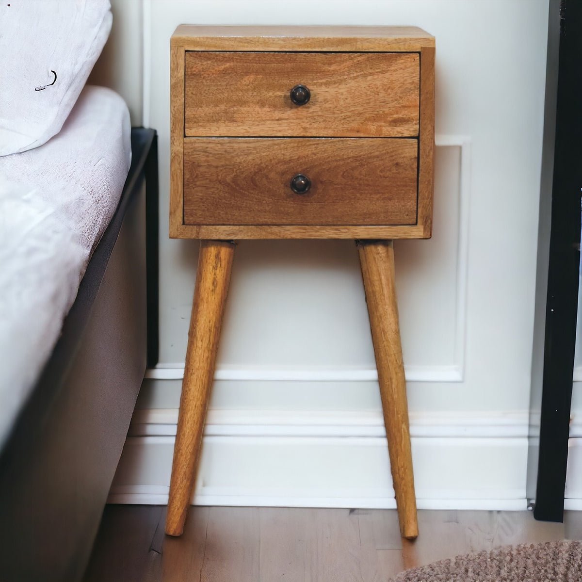 Small Oak Finish 2 Drawer Nordic Nightstand