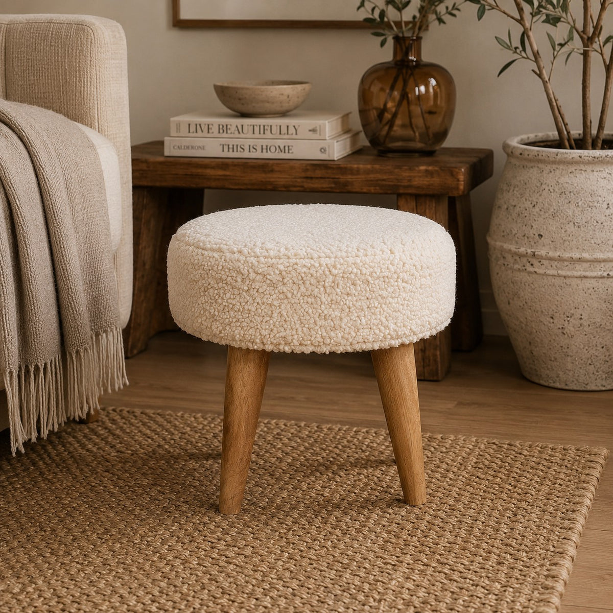 Bouclé Montauk Petite Solid Wood Footstool
