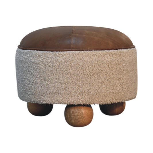 Bouclé Montauk Buffalo Leather Round Footstool