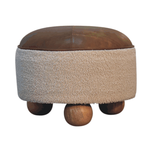 Bouclé Montauk Buffalo Leather Round Footstool