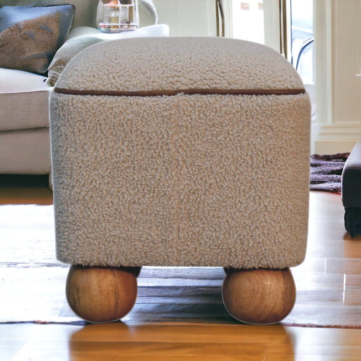 Bouclé Montauk Square Ottoman With Ball Feet