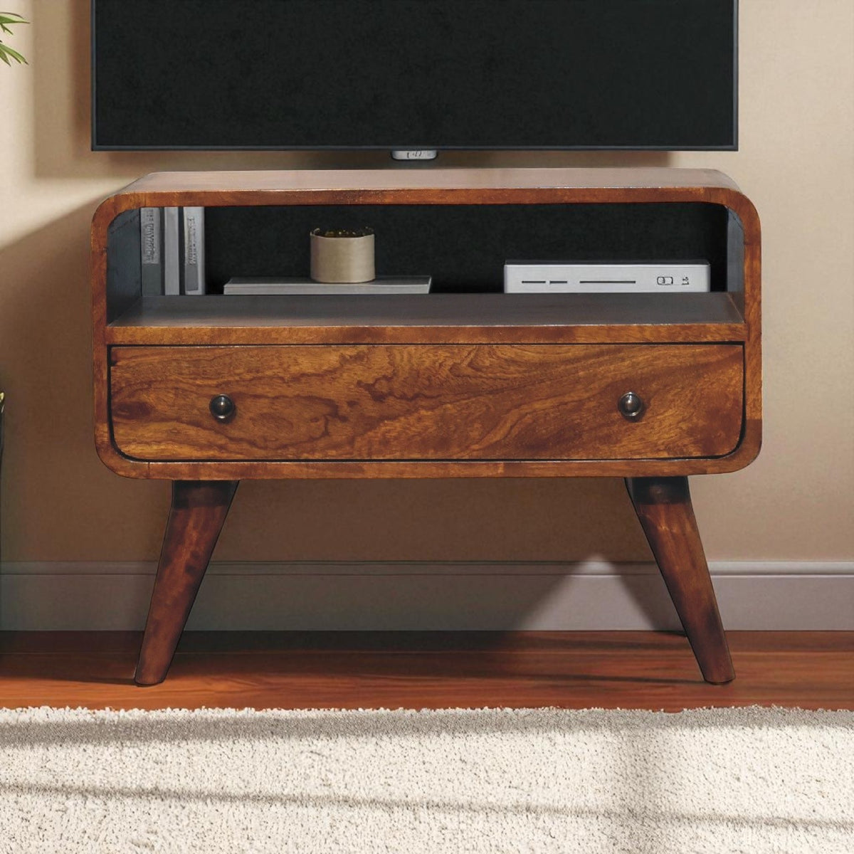 Small Chestnut Curved 1 Drawer TV Stand Unit