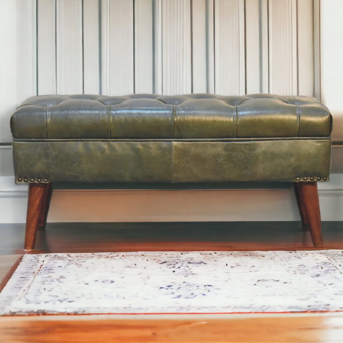 Sutton Buffalo Leather Olive Green Tufted Bench