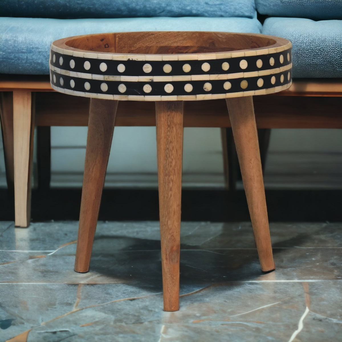 Small Oak Wood Bone Inlay Round Side Table