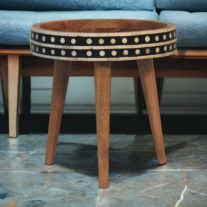 Small Oak Wood Bone Inlay Round Side Table