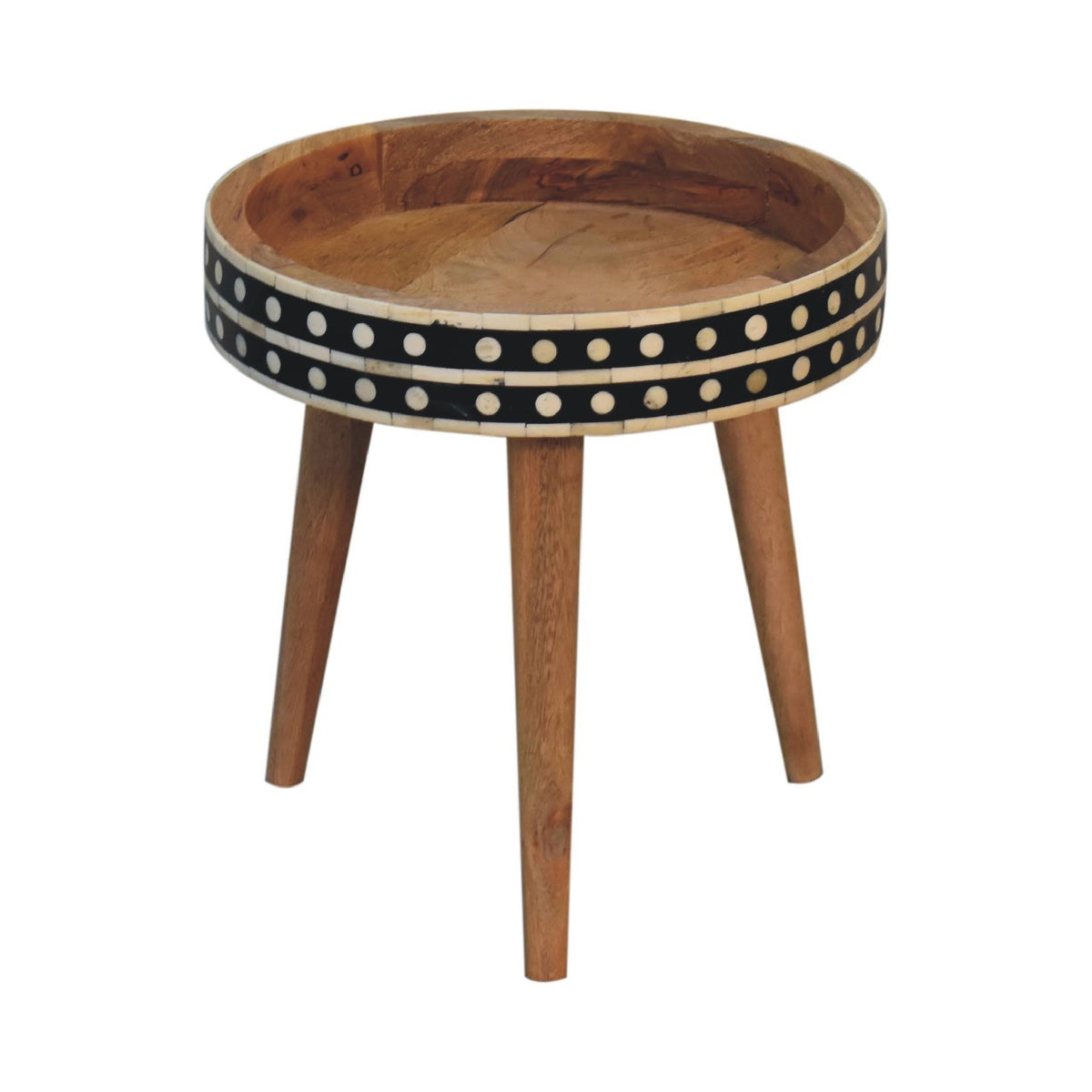 Small Oak Wood Bone Inlay Round Side Table