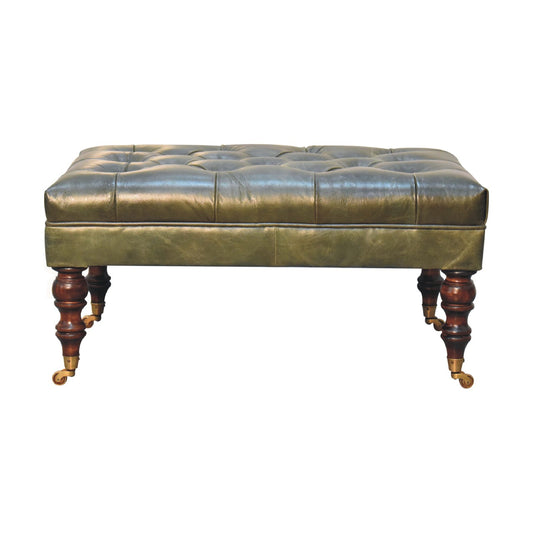 Sutton Buffalo Leather Green Tufted Ottoman with Castor Legs