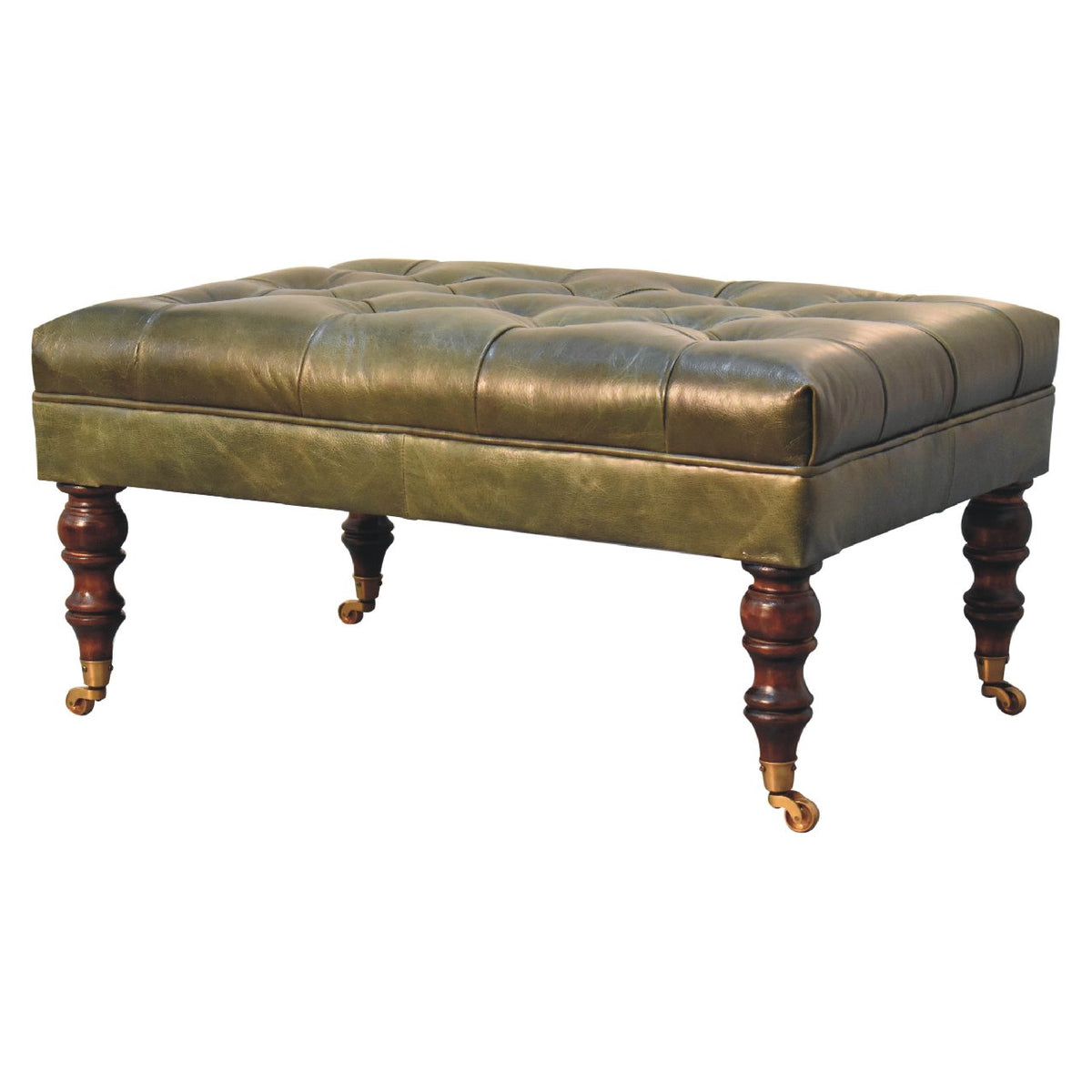 Sutton Buffalo Leather Green Tufted Ottoman with Castor Legs