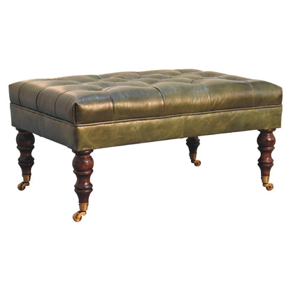 Sutton Buffalo Leather Green Tufted Ottoman with Castor Legs