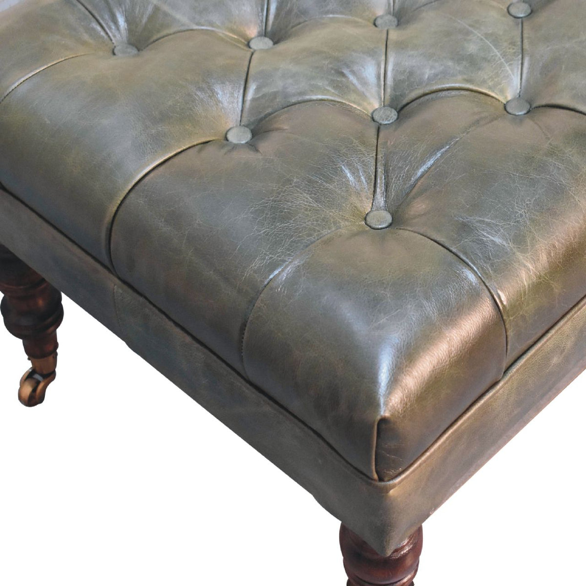 Sutton Buffalo Leather Green Tufted Ottoman with Castor Legs