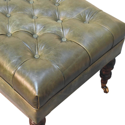 Sutton Buffalo Leather Green Tufted Ottoman with Castor Legs