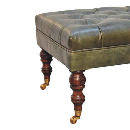 Sutton Buffalo Leather Green Tufted Ottoman with Castor Legs