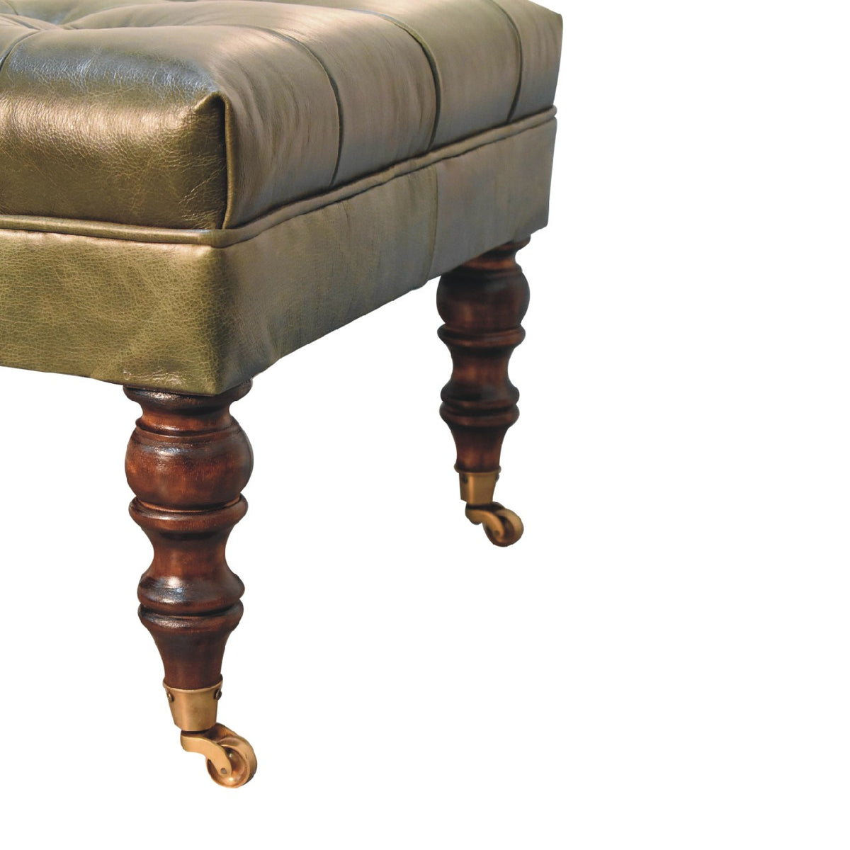 Sutton Buffalo Leather Green Tufted Ottoman with Castor Legs