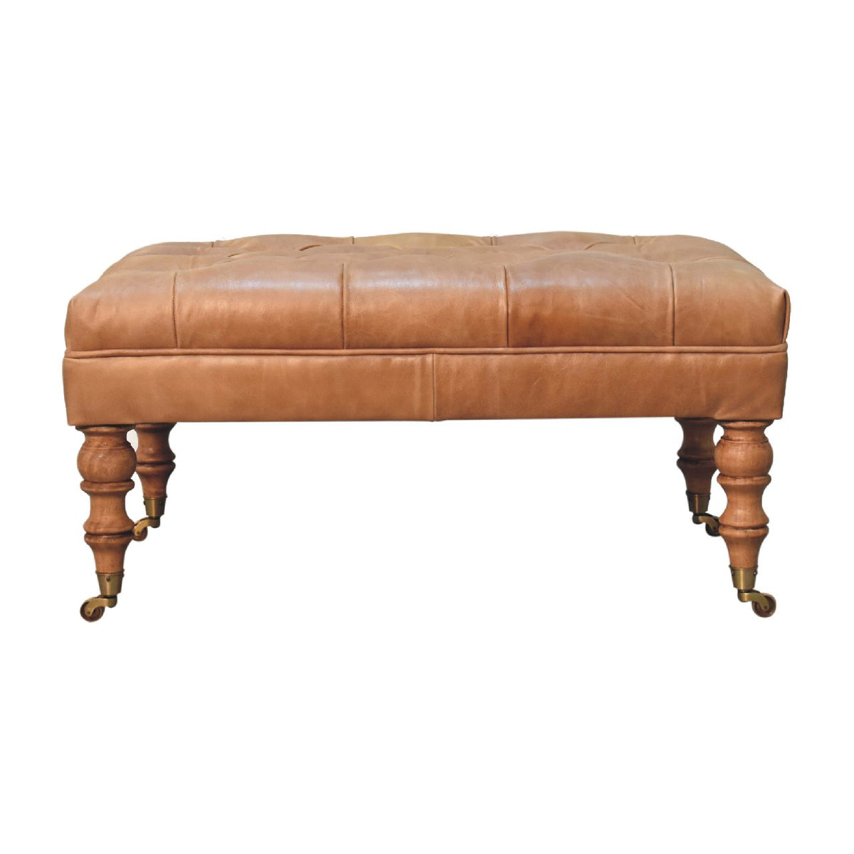 Sutton Buffalo Leather Tan Tufted Ottoman with Castor Legs