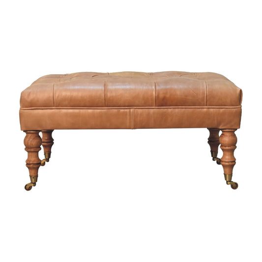Sutton Buffalo Leather Tan Tufted Ottoman with Castor Legs