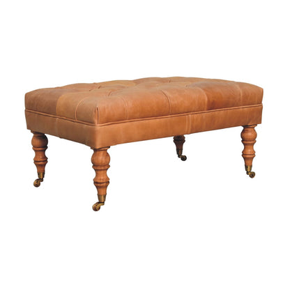 Sutton Buffalo Leather Tan Tufted Ottoman with Castor Legs