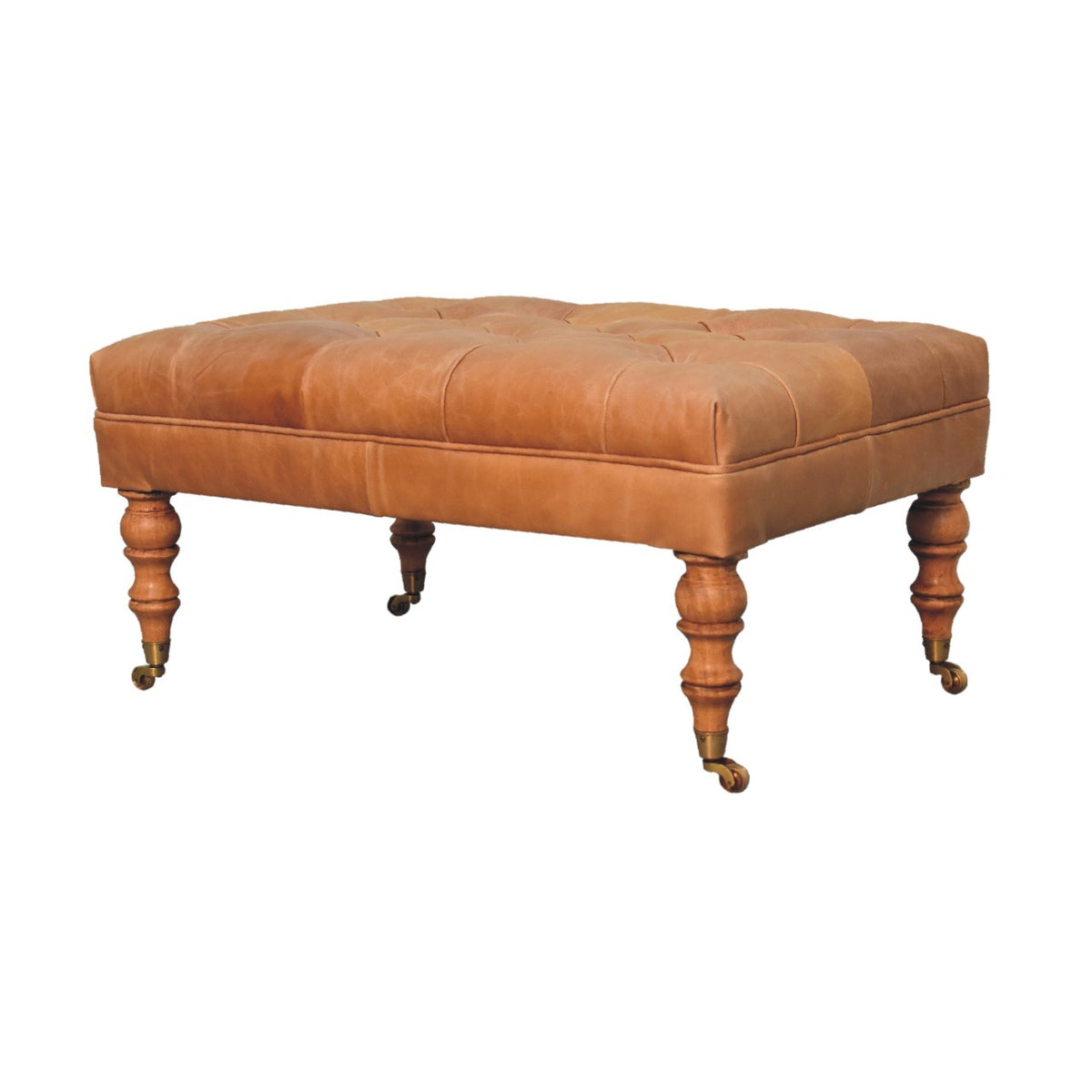 Sutton Buffalo Leather Tan Tufted Ottoman with Castor Legs