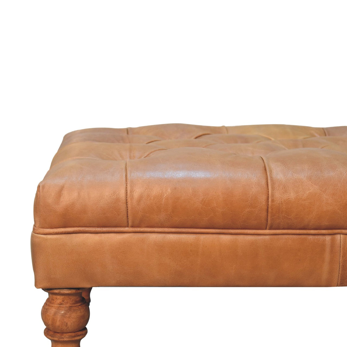 Sutton Buffalo Leather Tan Tufted Ottoman with Castor Legs