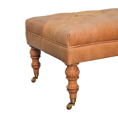 Sutton Buffalo Leather Tan Tufted Ottoman with Castor Legs