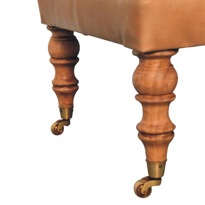 Sutton Buffalo Leather Tan Tufted Ottoman with Castor Legs
