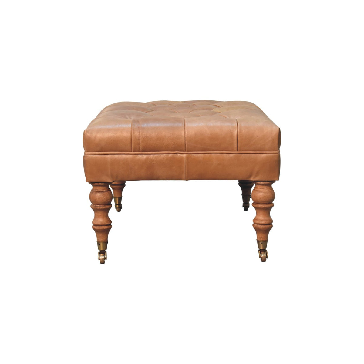 Sutton Buffalo Leather Tan Tufted Ottoman with Castor Legs