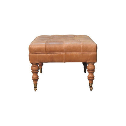 Sutton Buffalo Leather Tan Tufted Ottoman with Castor Legs