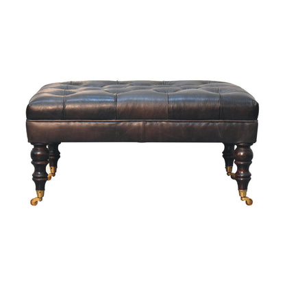 Sutton Buffalo Leather Ash Black Tufted Ottoman with Castor Legs