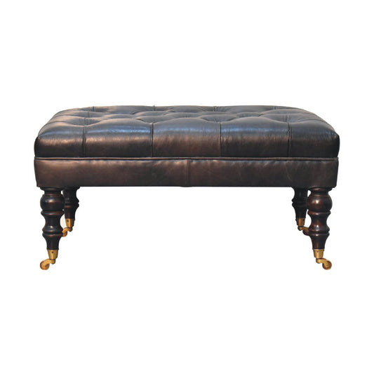 Sutton Buffalo Leather Ash Black Tufted Ottoman with Castor Legs