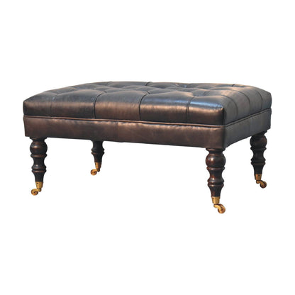 Sutton Buffalo Leather Ash Black Tufted Ottoman with Castor Legs