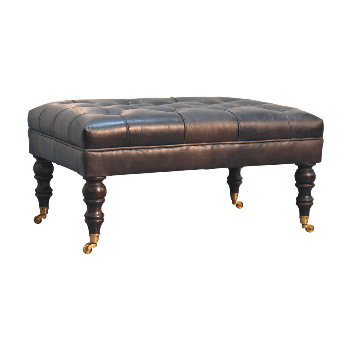 Sutton Buffalo Leather Ash Black Tufted Ottoman with Castor Legs