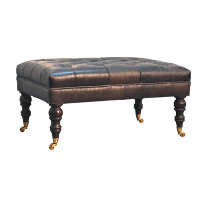 Sutton Buffalo Leather Ash Black Tufted Ottoman with Castor Legs
