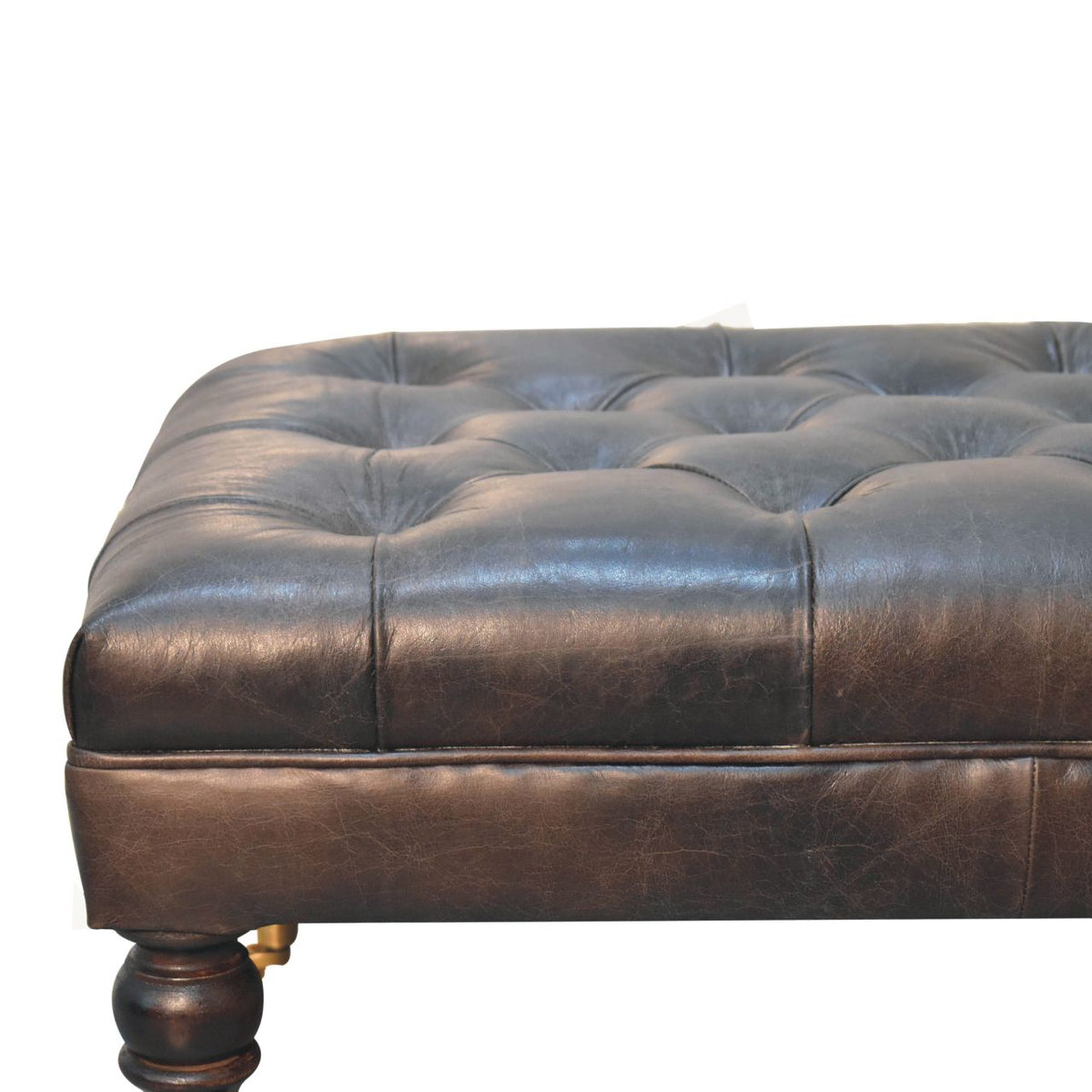 Sutton Buffalo Leather Ash Black Tufted Ottoman with Castor Legs