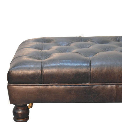 Sutton Buffalo Leather Ash Black Tufted Ottoman with Castor Legs
