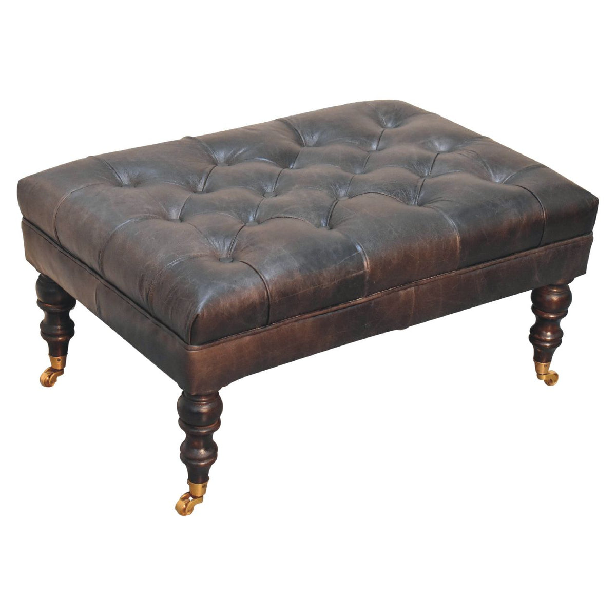 Sutton Buffalo Leather Ash Black Tufted Ottoman with Castor Legs