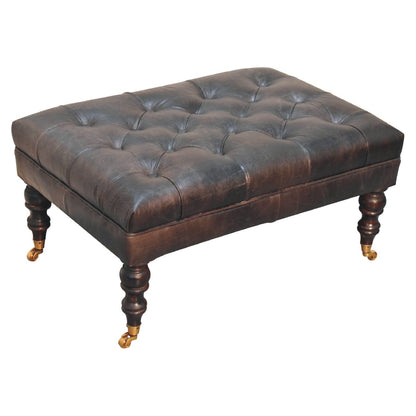 Sutton Buffalo Leather Ash Black Tufted Ottoman with Castor Legs
